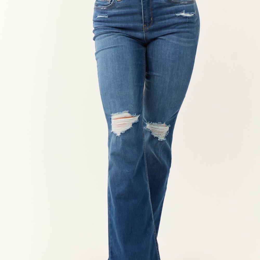 Rewash Women's High Rise fit and Flare Raw Edge Medium Wash Torn Hem Jeans 13/31
